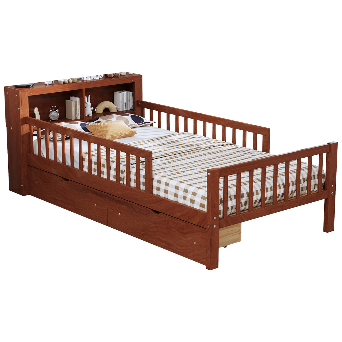 variant-group:rf-n733p272374d|Roomfitters Twin Bed with Headboard Storage Rack, Under-Bed Storage and Three-Side Guardrails, Walnut