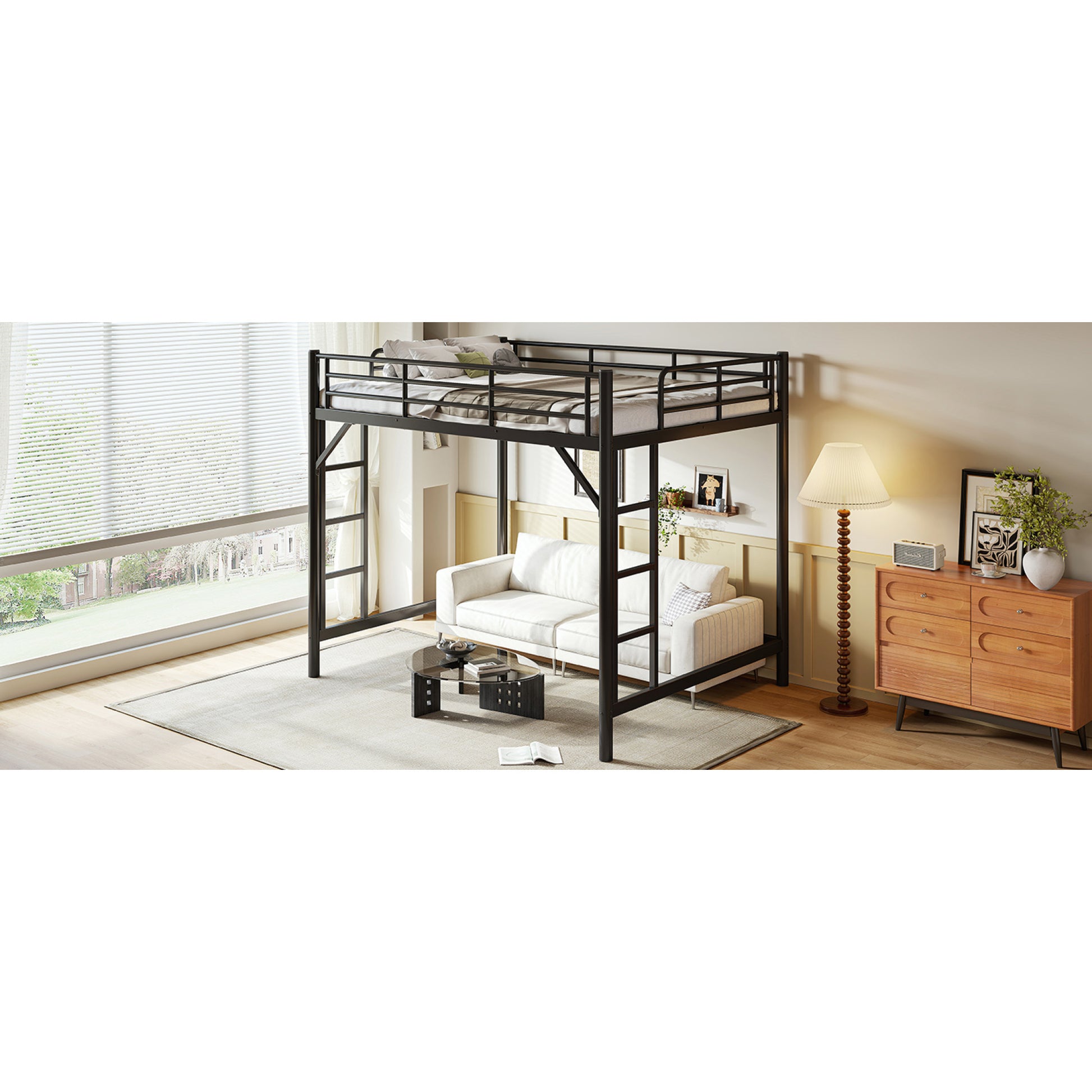 variant-group:rf-w1580p455017|Roomfitters Queen Size Metal Loft Bed Frame with Guardrails, Heavy Duty Space Saving High Loft Bed Dual Ladders, Black