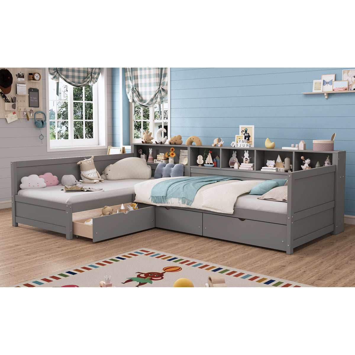 variant-group:rf-n733s369272e|Roomfitters Twin L-Shaped Daybed for 2 with 3 Storage Drawers, Wooden Corner Bed Frame with Bookshelf for Bedroom, Gray