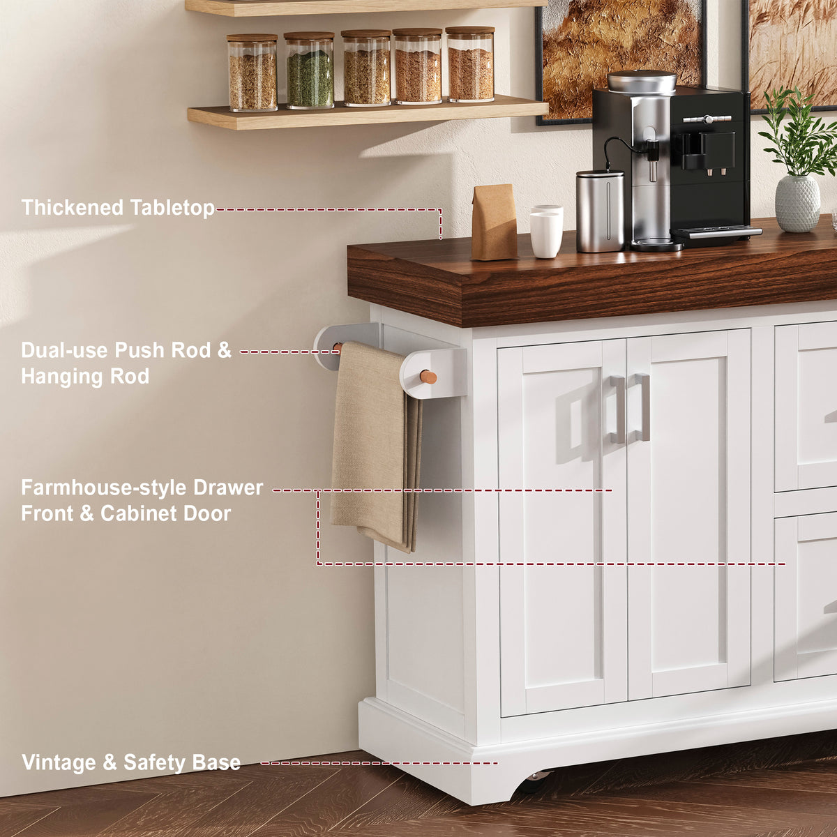 variant-group:rf-n707s000025w|Roomfitters 53" Kitchen Island with Butcher Block Top, Storage Cabinet with Drawers, Spice Rack and Towel Holder, White
