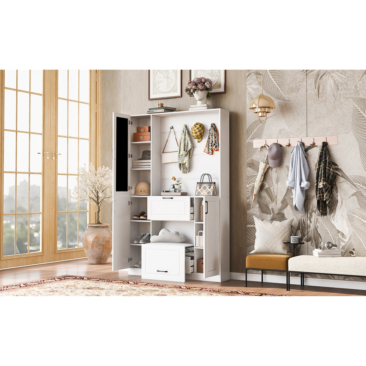 Roomfitters Entryway Bench with Shoe Cabinet and Mirror Door, Foldable Seat and 4 Hooks, White Roomfitters