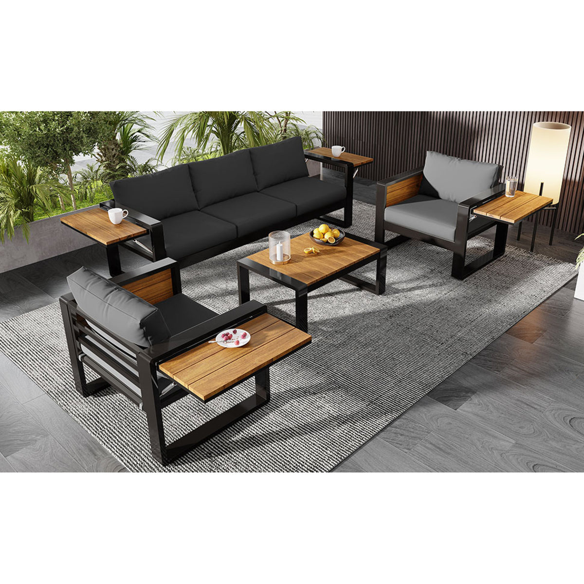 variant-group:rf-n704g201257e|Roomfitters 4-Piece Aluminum Patio Conversation Set with Four Fold-Out Side Trays and Slatted Coffee Table Gray