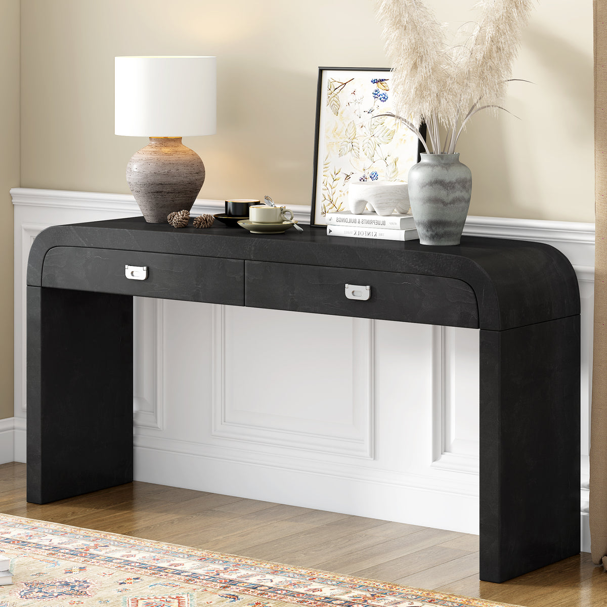 variant-group:rf-n711p216235b|Roomfitters 60'' Modern Wooden Console Table with 2 Storage Drawers, Burl Veneer Entryway Table with Metal Handles for Living Room, Hallway or Office, Black