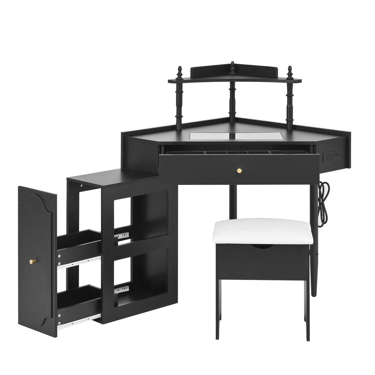 variant-group:rf-n733p336237b|Roomfitters Corner Vanity Desk Set with Stool, Charging Station, Glass Top, Drawer, Shelf, Pull-Out Cabinet, Black