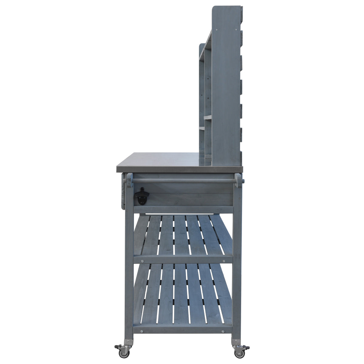 variant-group:rf-n707p228274g|Roomfitters 64.9" Outdoor Potting Bench Table, Rolling Kitchen Island with Hutch, Stainless Steel Top, Storage, Grey Blue