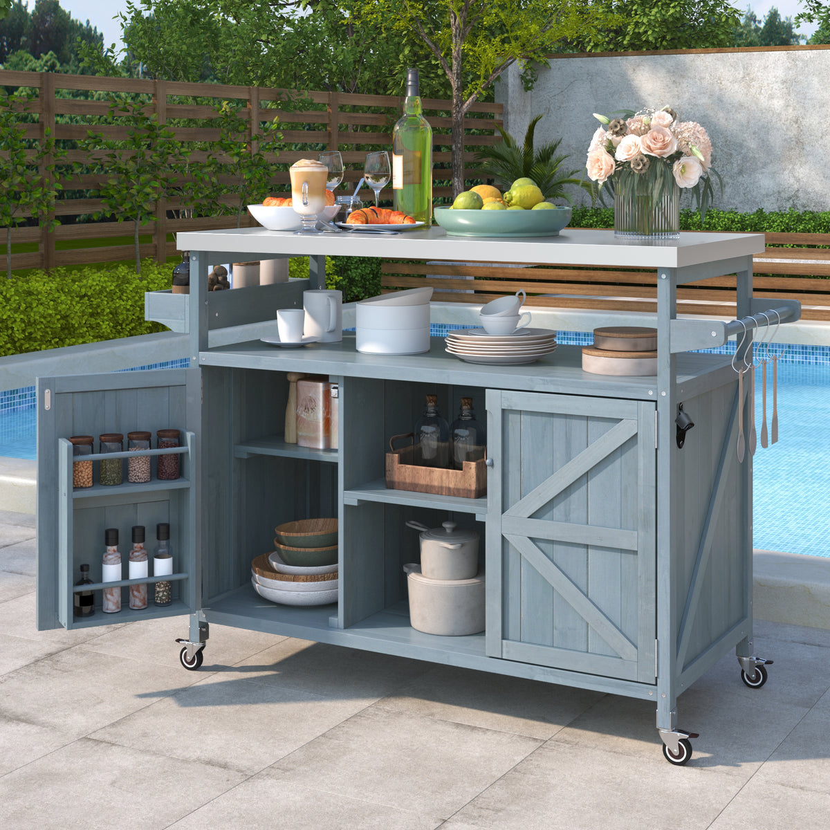 variant-group:rf-n707wf532198aag|Roomfitters Outdoor Kitchen Island Rolling Bar Cart & Storage Cabinet, Farmhouse Solid Wood Outdoor Grill Table with Stainless Steel Top, Spice Rack, Towel Rack for Kitchen & Barbecue, Grey Blue