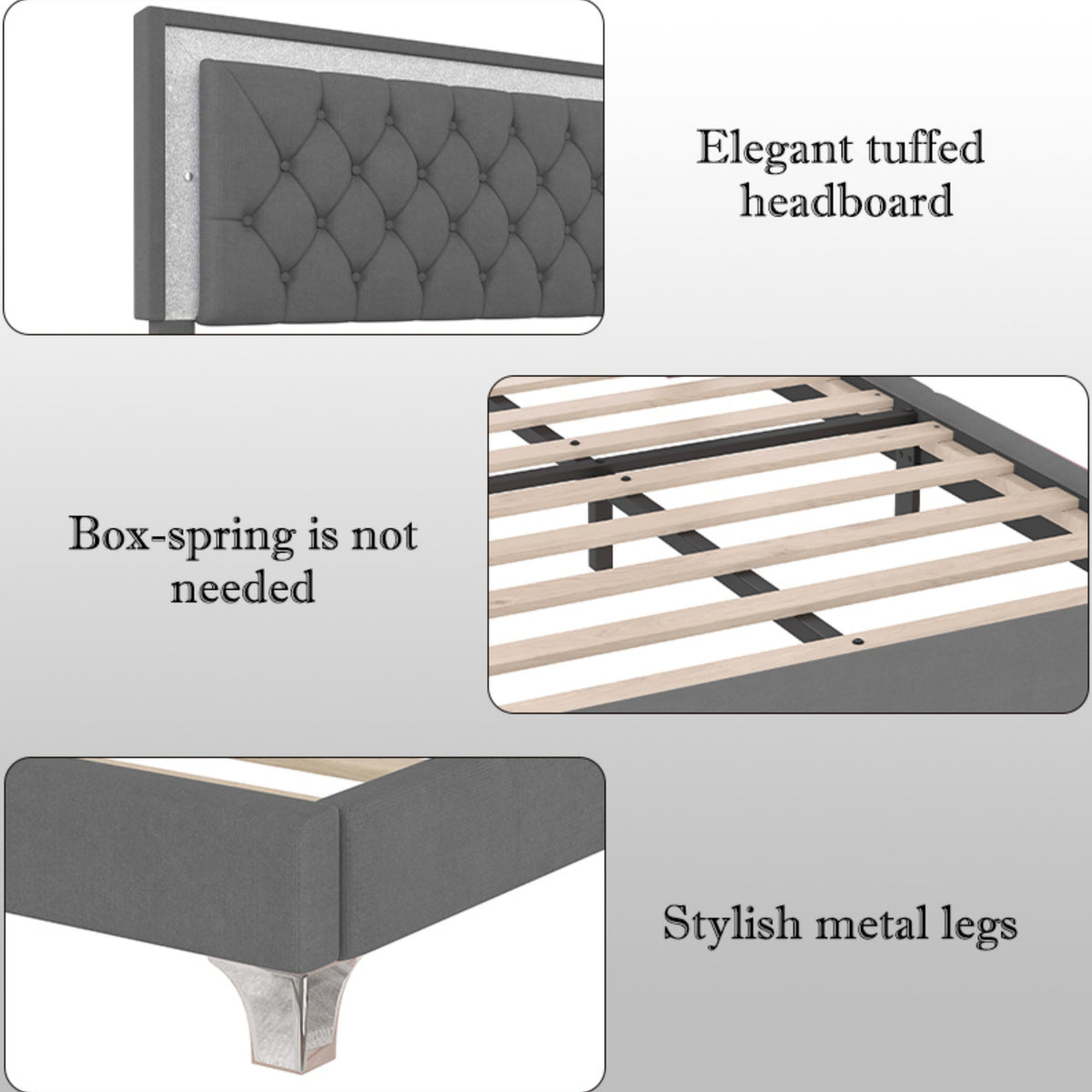 variant-group:rf-n733p183657e|Roomfitters Modern Velvet Queen Platform Bed with Tufted Headboard and Built-In Lighting, Gray