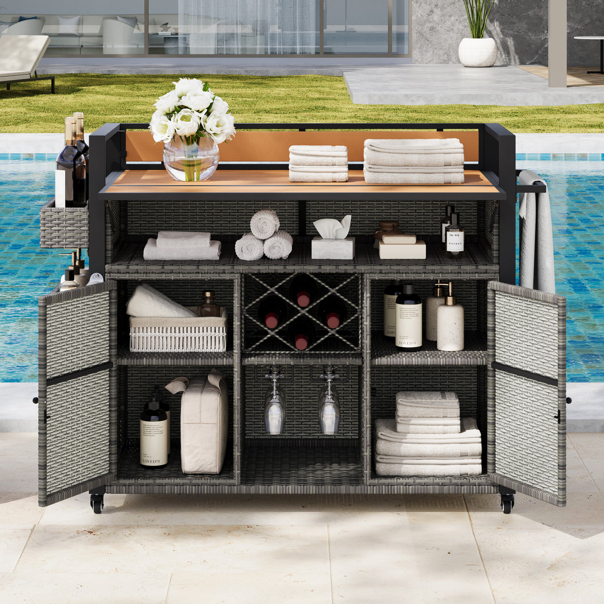 variant-group:rf-n707p233747g|Roomfitters 52.8" Wicker Outdoor Grill Cart with Plastic Wood Table, Rolling Island with Storage Cabinet, Double Handles, Grey