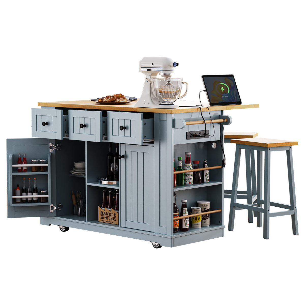 variant-group:rf-n707s003007g|Roomfitters 53" Kitchen Island with 2 Bar Stools, Drop Leaf, Power Outlet, Rolling Kitchen Cart Set with Storage, Grey-Blue