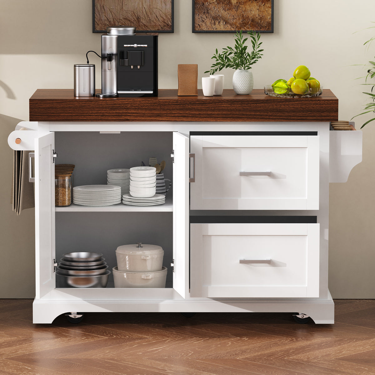 variant-group:rf-n707s000025w|Roomfitters 53" Kitchen Island with Butcher Block Top, Storage Cabinet with Drawers, Spice Rack and Towel Holder, White