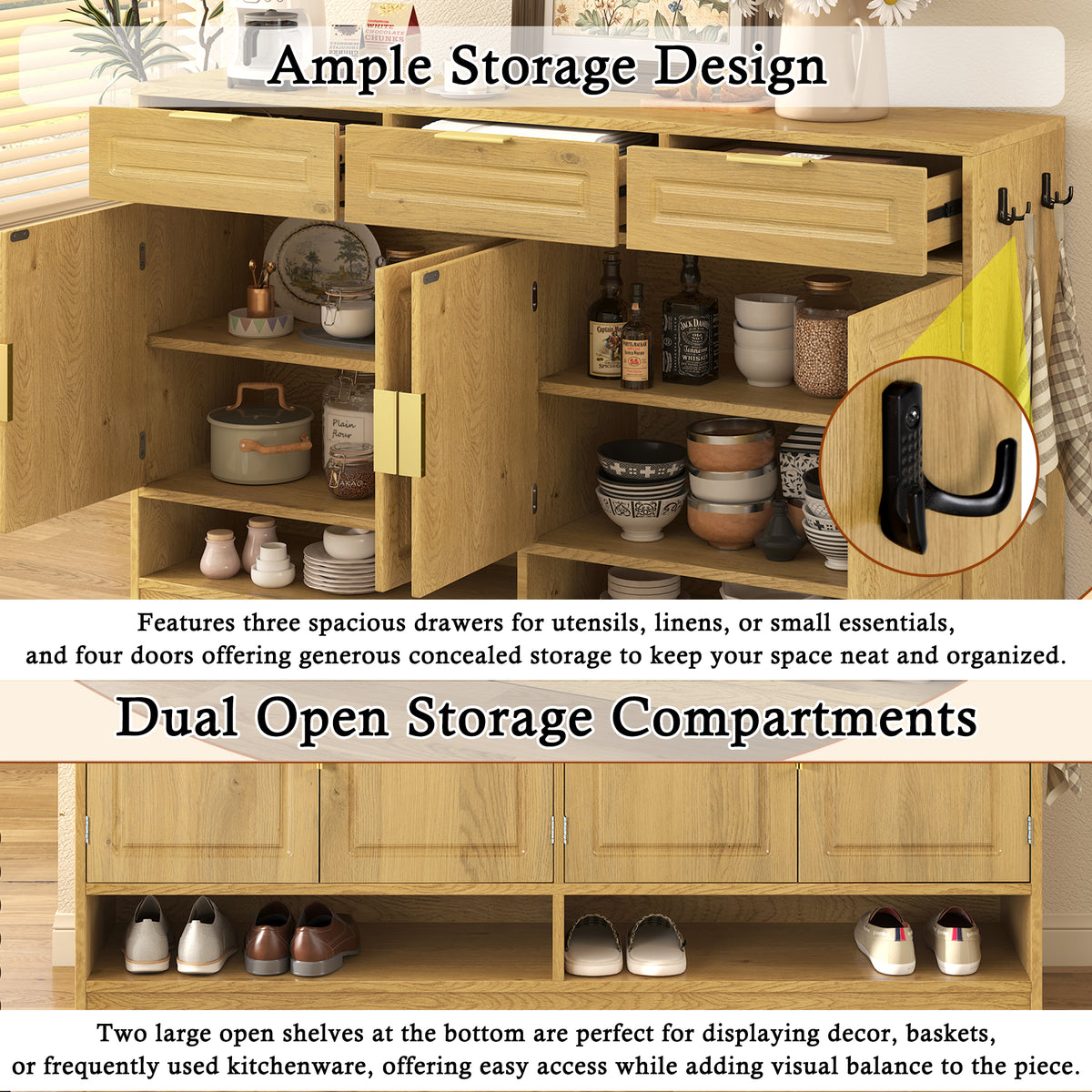 variant-group:rf-n711p345213o|Roomfitters 59.1" Farmhouse Sideboard Buffet Cabinet with 3 Drawers and 4 Doors, Kitchen Storage with Open Shelf, Natural