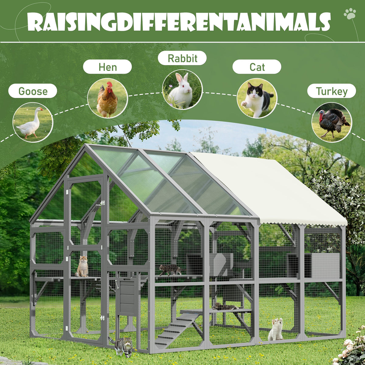 Roomfitters Large Catio Outdoor Cat Enclosure Wooden Cat House with 7 Platforms 2 Resting Boxes and Bridge Gray Roomfitters