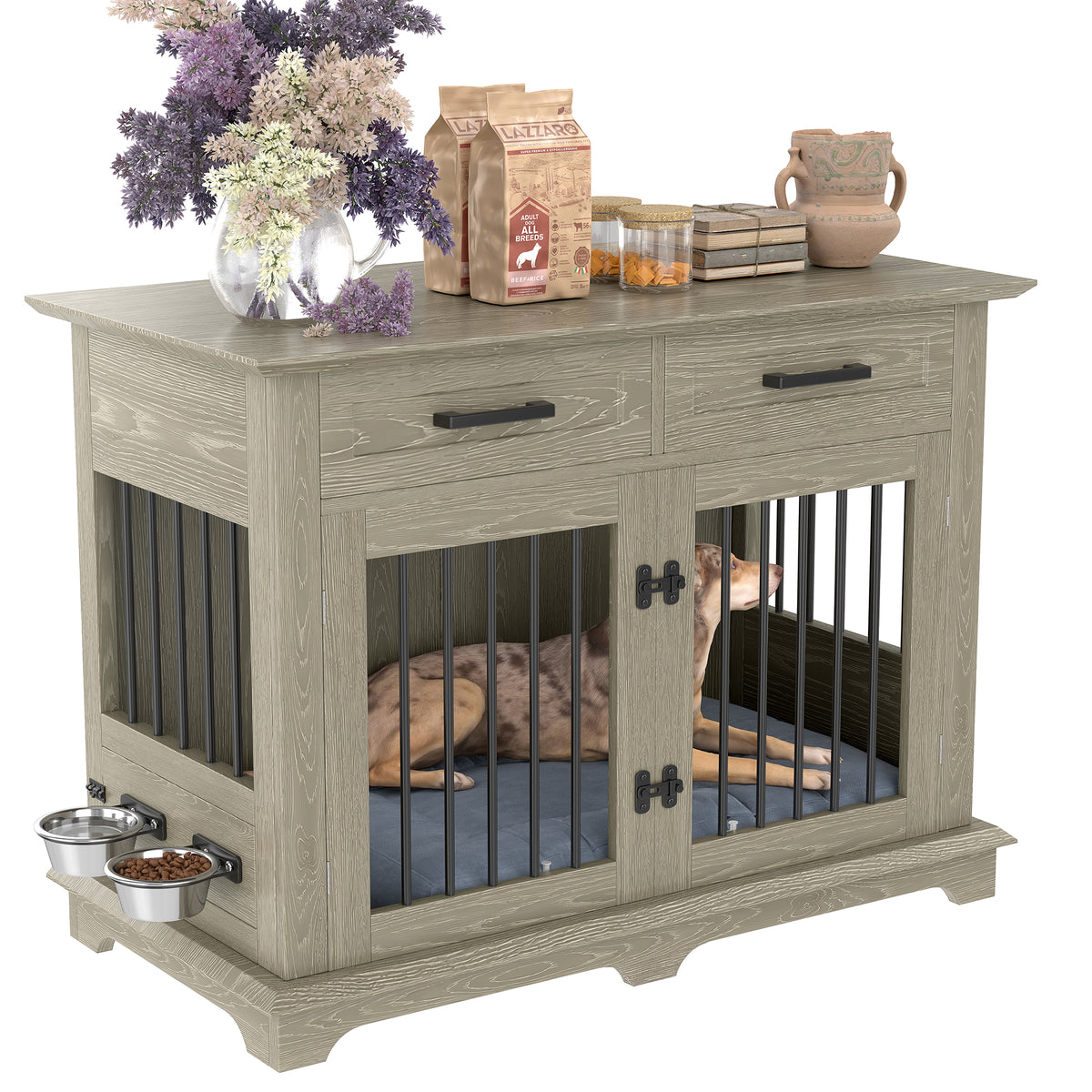 variant-group:rf-n704p379112e|Roomfitters 44-Inch Decorative Dog Crate Furniture Indoor Wooden Kennel End Table with 360 Rotating Bowls Gray