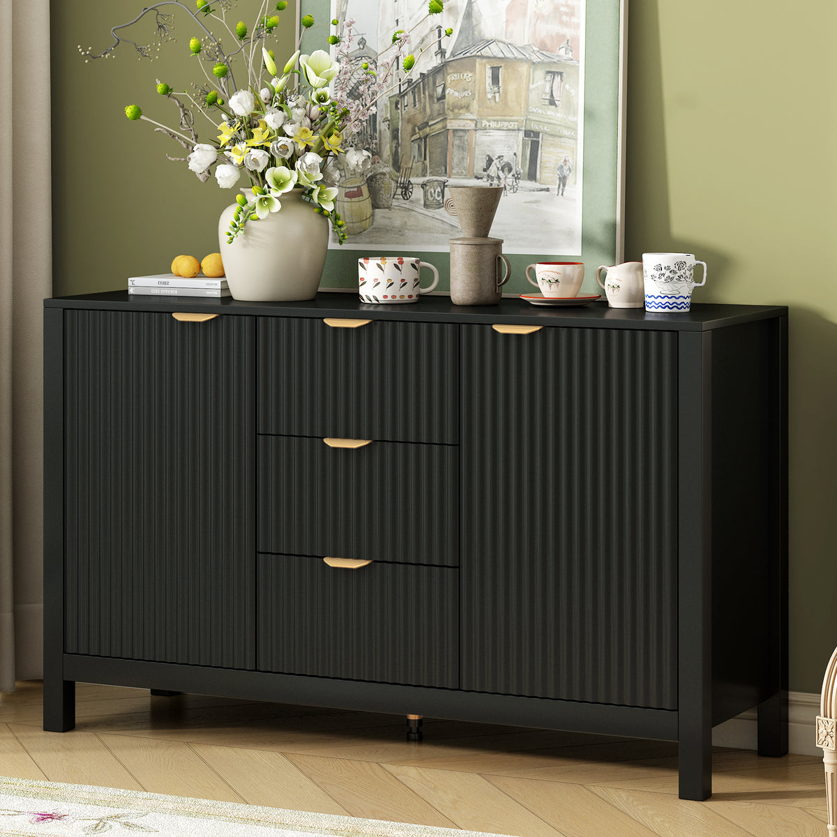 variant-group:rf-n711p269066b|Roomfitters Sideboard Buffet Cabinet with 3 Drawers, Mid-century Modern Fluted Accent Storage for Kitchen & Dining, Black