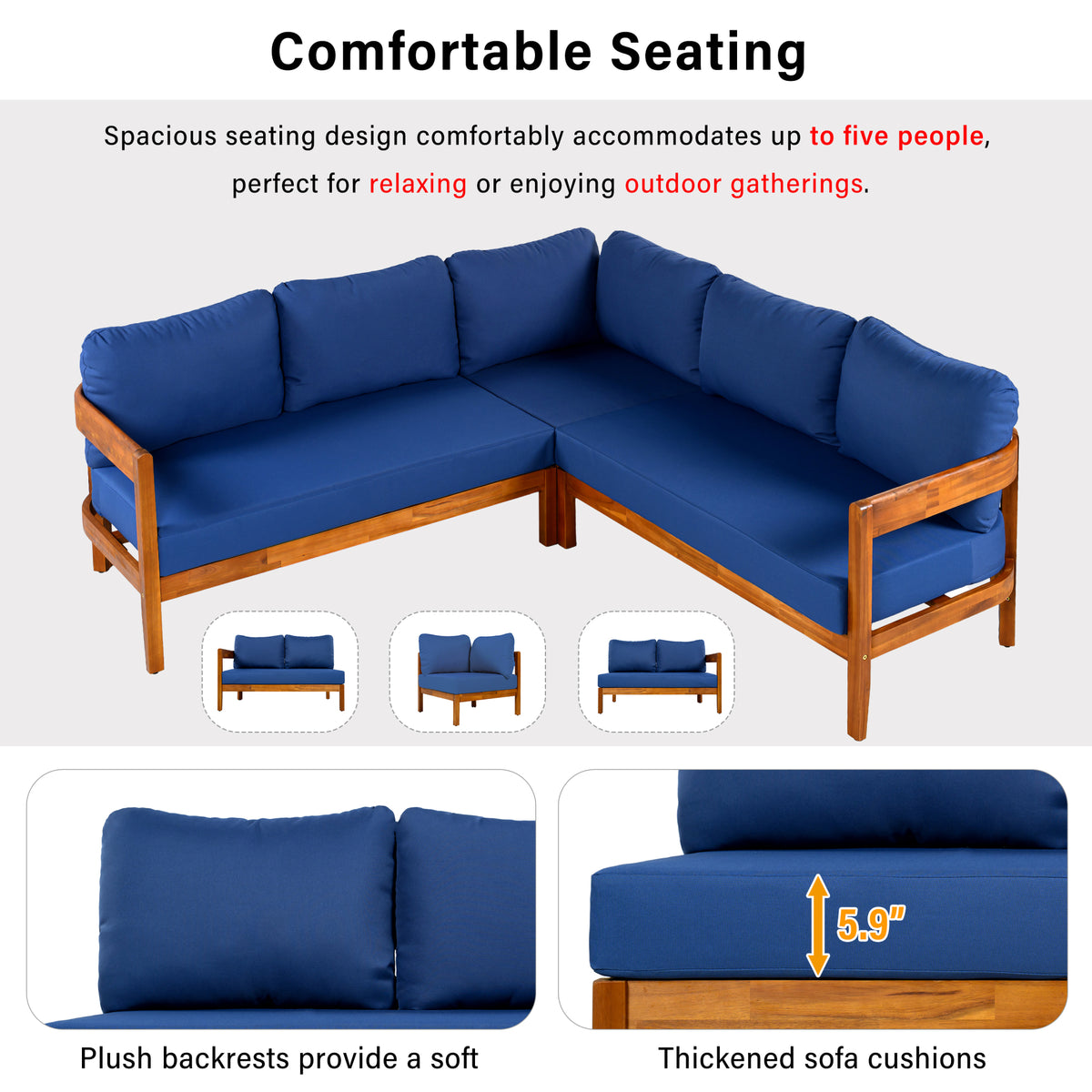 variant-group:rf-n711wy000481aac|Roomfitters Modern Coastal Blue Solid Acacia Wood L-Shaped Outdoor Patio Sectional Sofa Conversation Seating Set