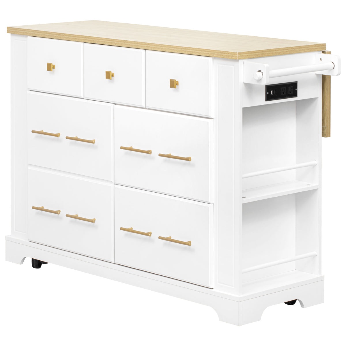 variant-group:rf-n707s307292w|Roomfitters 51" Kitchen Island with Power Outlet and Drop Leaf, Rolling Cabinet with Pull-Out Trash Can Drawer, White