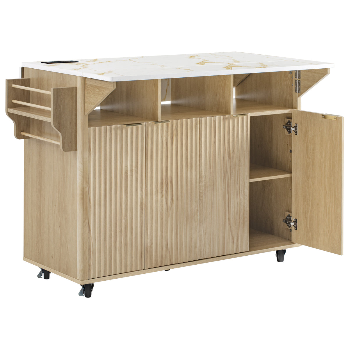 variant-group:rf-n707p353934y|Roomfitters 55.5" Fluted Kitchen Island with Double Drop Leaf, Natural Storage Cart with Power Outlet & Faux Marble Top