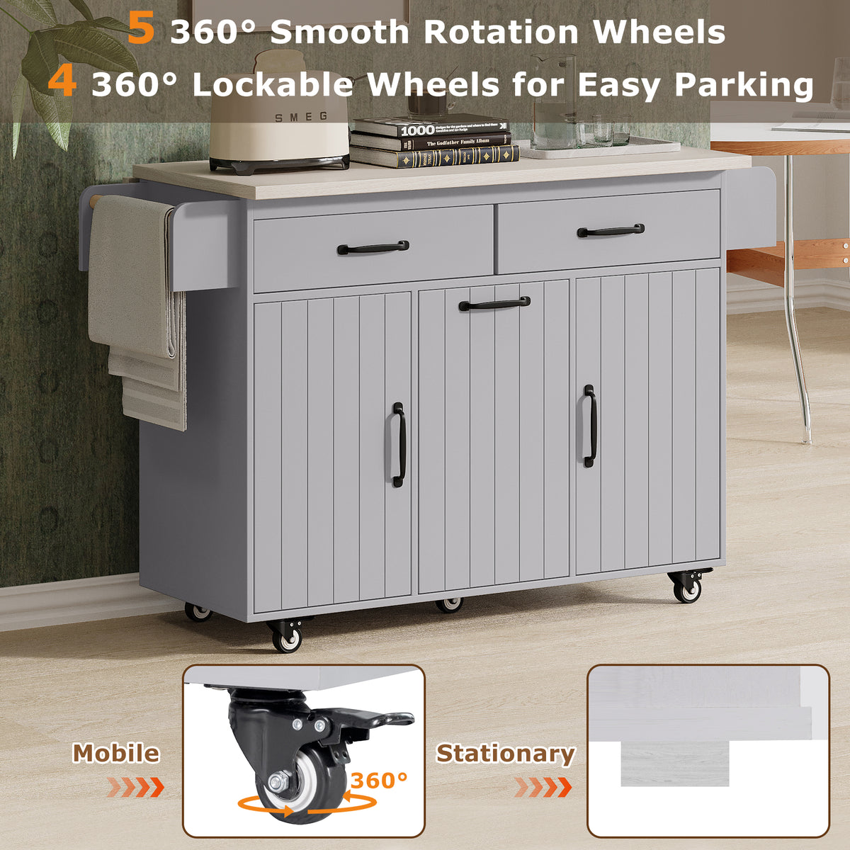 variant-group:rf-n707wf326381aag|Roomfitters Kitchen Island with Trash Can Storage Cabinet, Grey - Drop Leaf, Spice Rack, Towel Rack, Drawer, Adjustable Shelf, Rolling Island on Wheels, Grey