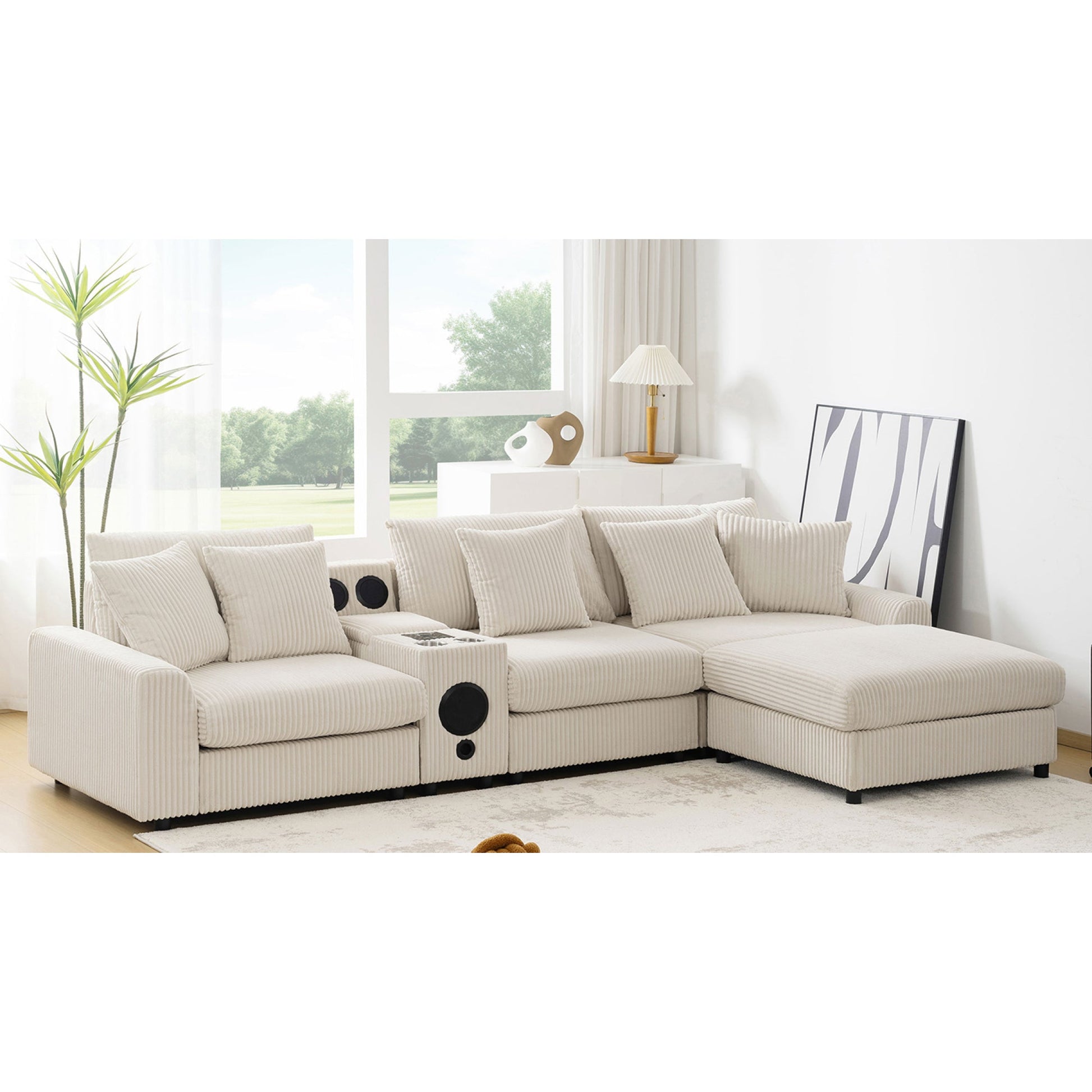 Roomfitters 112 Inch L-Shaped Modular Sectional Sofa with Bluetooth Speaker, Console and Cup Holders for Home, Cream Roomfitters
