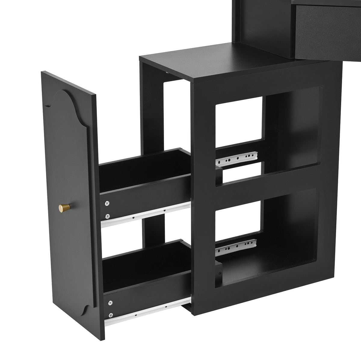 variant-group:rf-n733p336237b|Roomfitters Corner Vanity Desk Set with Stool, Charging Station, Glass Top, Drawer, Shelf, Pull-Out Cabinet, Black