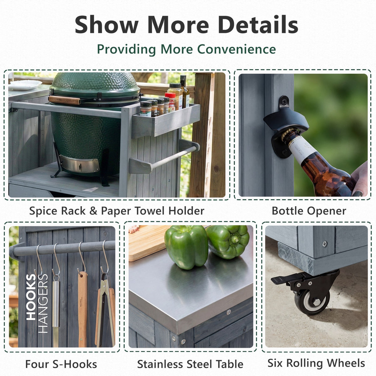 variant-group:rf-n707p392140g|Roomfitters 80.5" Extra Large Grill Cart, Outdoor Kitchen Prep Station with Stainless Steel Top & Kamado Grill Stand, Grey+Blue