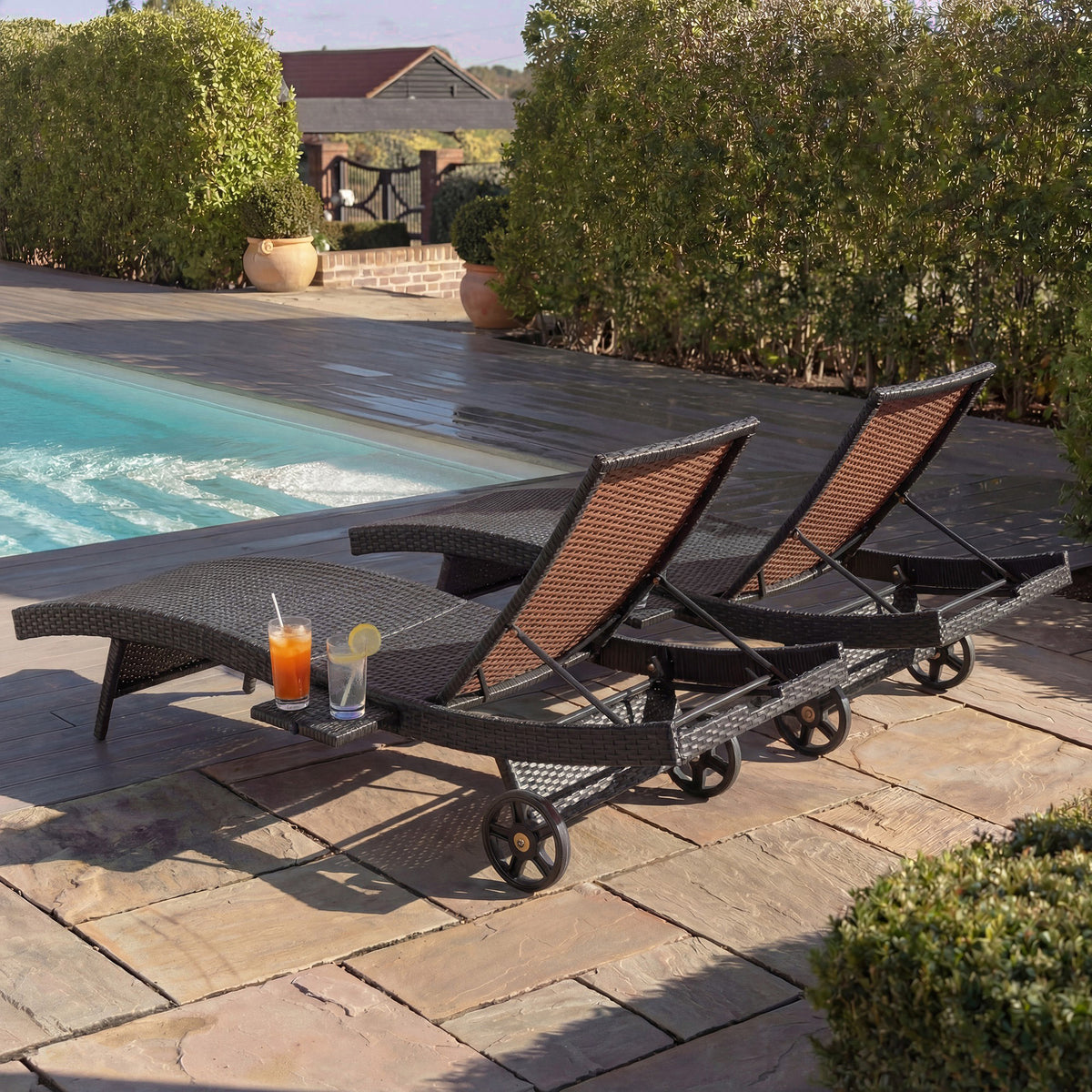 variant-group:rf-n707p395515d|Roomfitters 80"W Patio Chaise Lounge Chairs Set of 2 with Wheels, Folding Table, Adjustable Rattan Loungers, Black & Brown