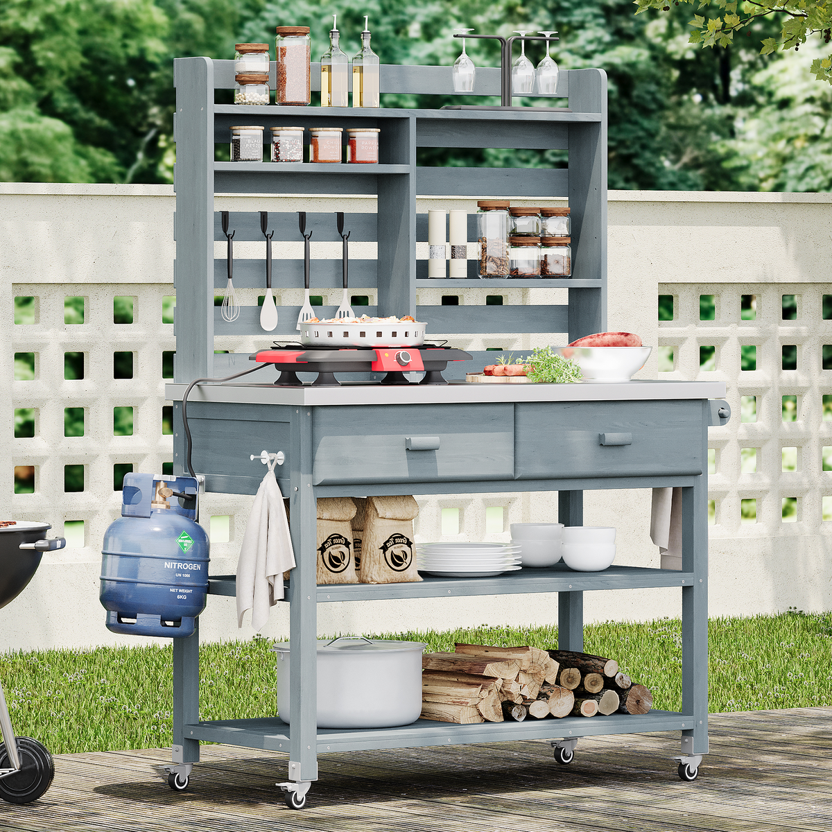 variant-group:rf-n707p228274g|Roomfitters 64.9" Outdoor Potting Bench Table, Rolling Kitchen Island with Hutch, Stainless Steel Top, Storage, Grey Blue
