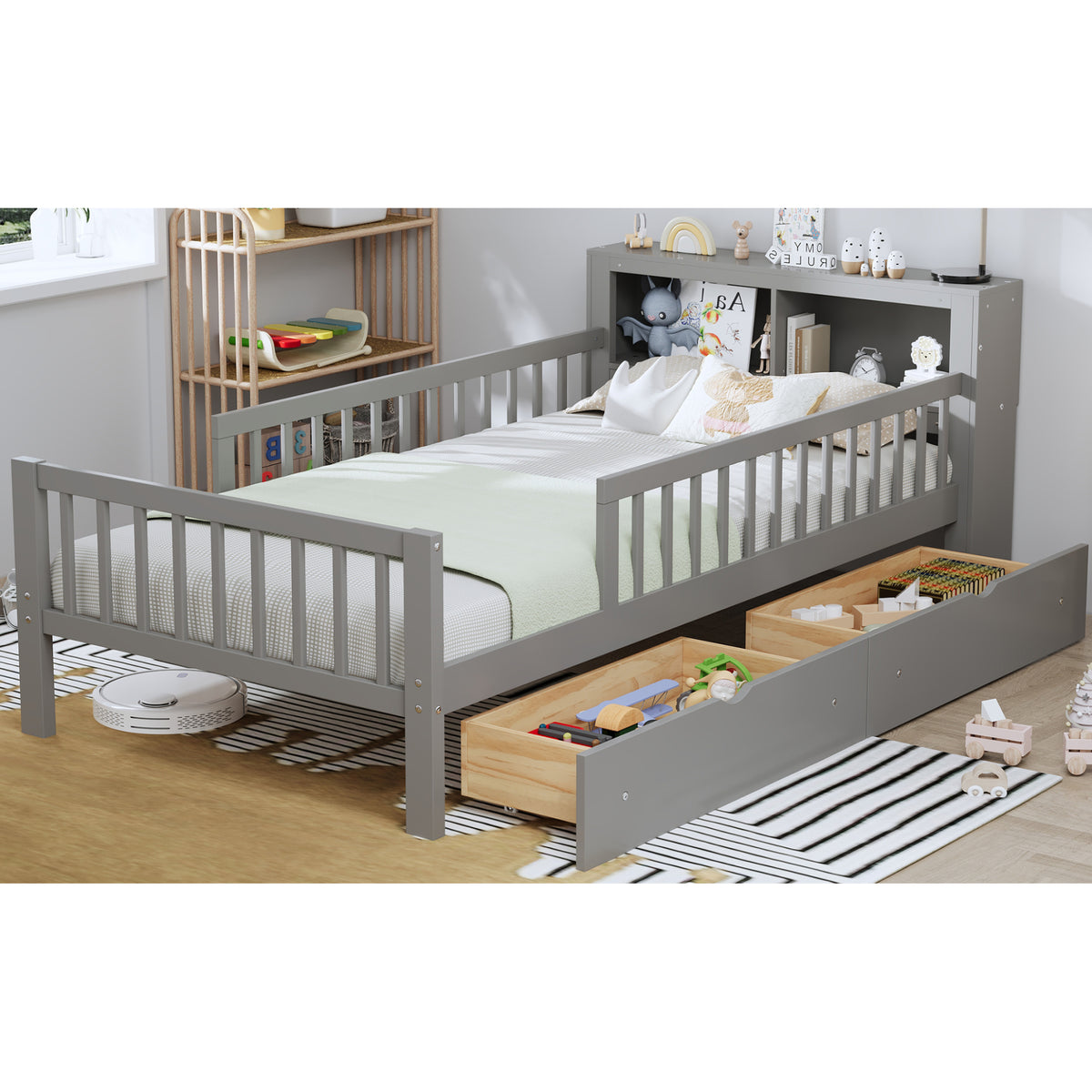 variant-group:rf-n733p272374e|Roomfitters Twin Bed with Headboard Storage Rack, Under-Bed Storage and Three-Side Guardrails, Gray