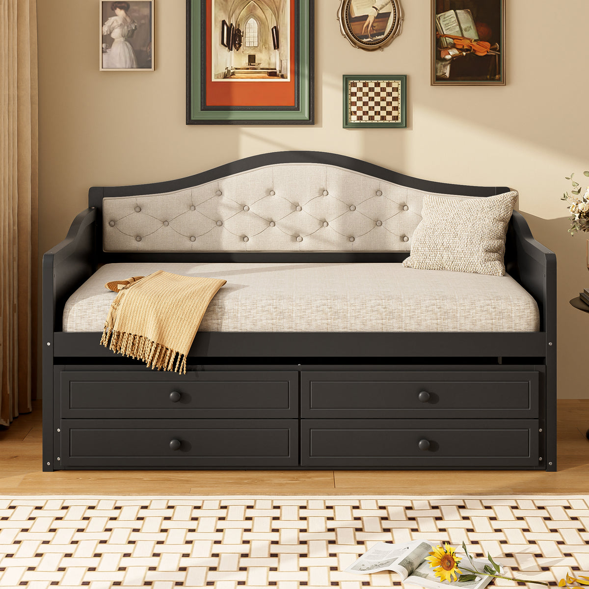 variant-group:rf-n733s346767p|Roomfitters Twin Daybed with Trundle, Wooden Sofa Bed with 2 Storage Drawers & Tufted Backrest, Black