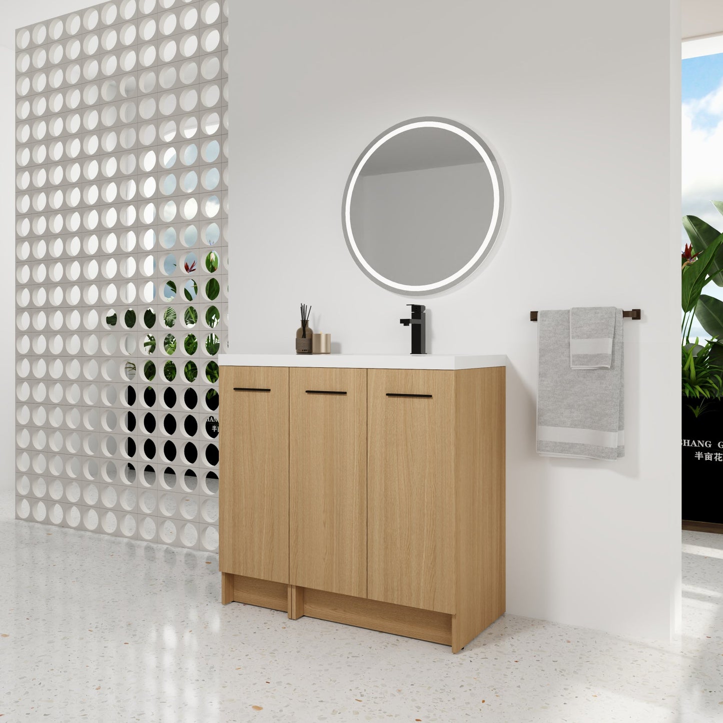 36" Modular Freestanding Bathroom Vanity with 36" Resin Sink Top, Light Oak, 2-Piece Cabinet (24" 2-Door + 12" 1-Door), KD Cabinet, Includes Black & Brushed Aluminum Handles Roomfitters