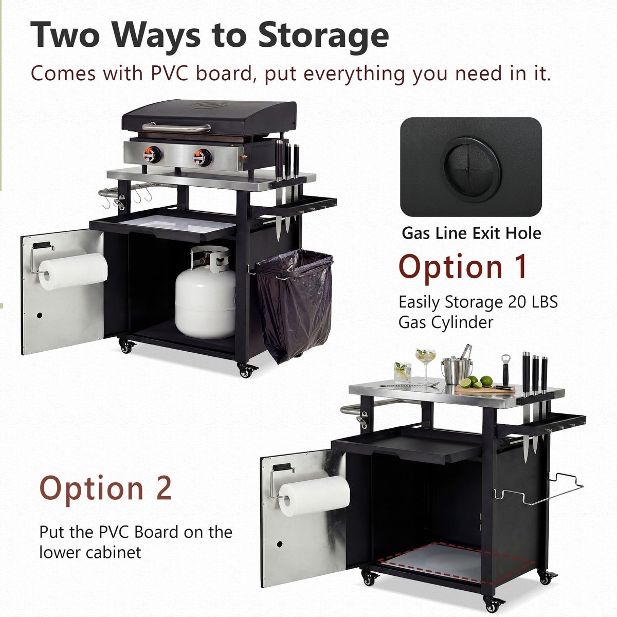 Roomfitters 39.5" Grill Cart with Stainless Steel Top, Outdoor Kitchen Island, BBQ Prep Station with Trash Bag Holder, Black