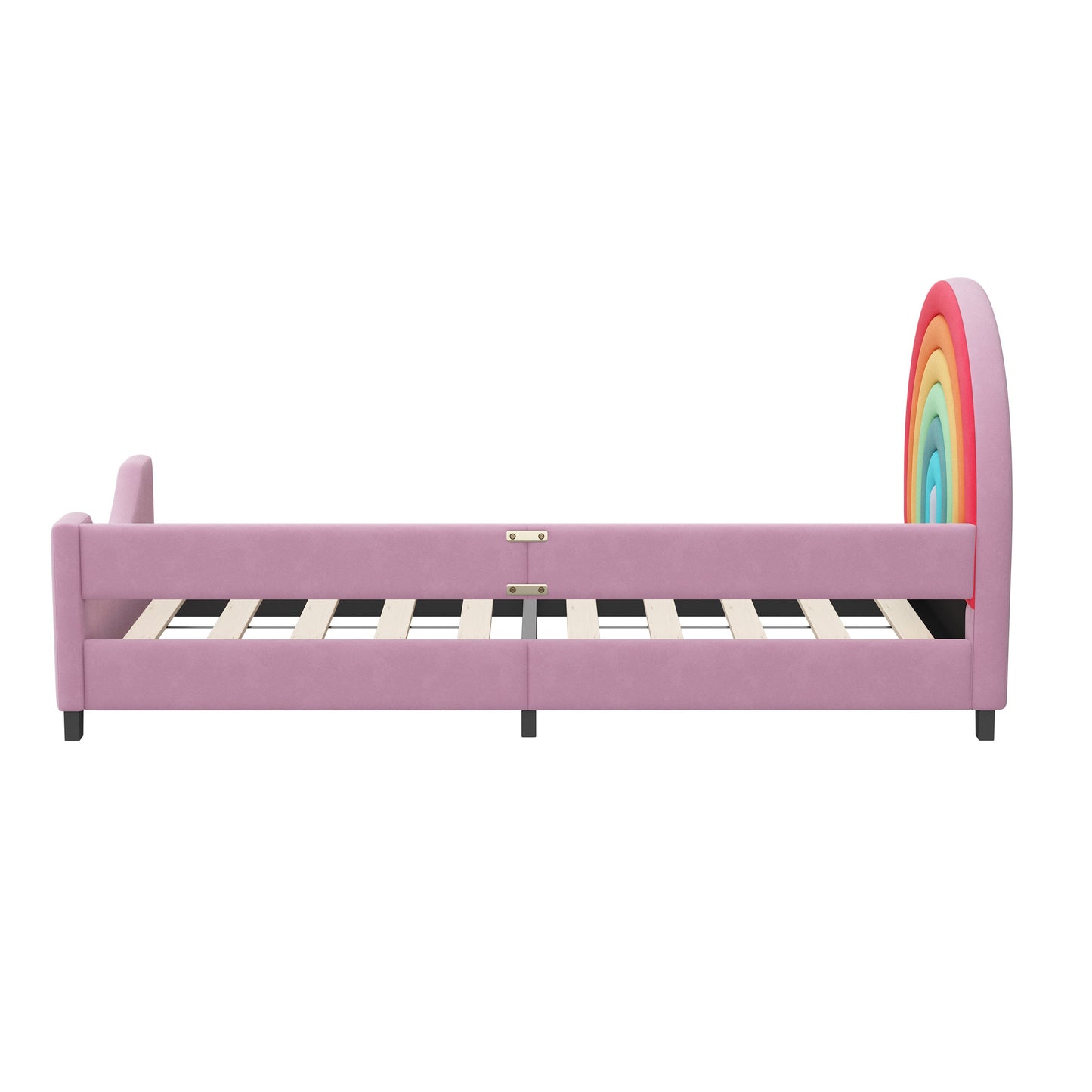 Roomfitters Twin Size Rainbow Upholstered Daybed Frame, Low to Ground Cute Princess Bed, Enclosed Fence, Colorful & Pink Roomfitters