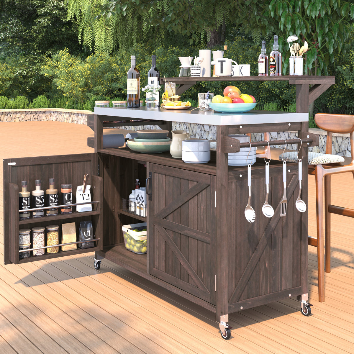 variant-group:rf-n707p250628z|Roomfitters 53.3" Outdoor Kitchen Island with Raised Shelf, Wood Storage Cabinet, Stainless Steel Top, Rolling Grill Cart, Brown