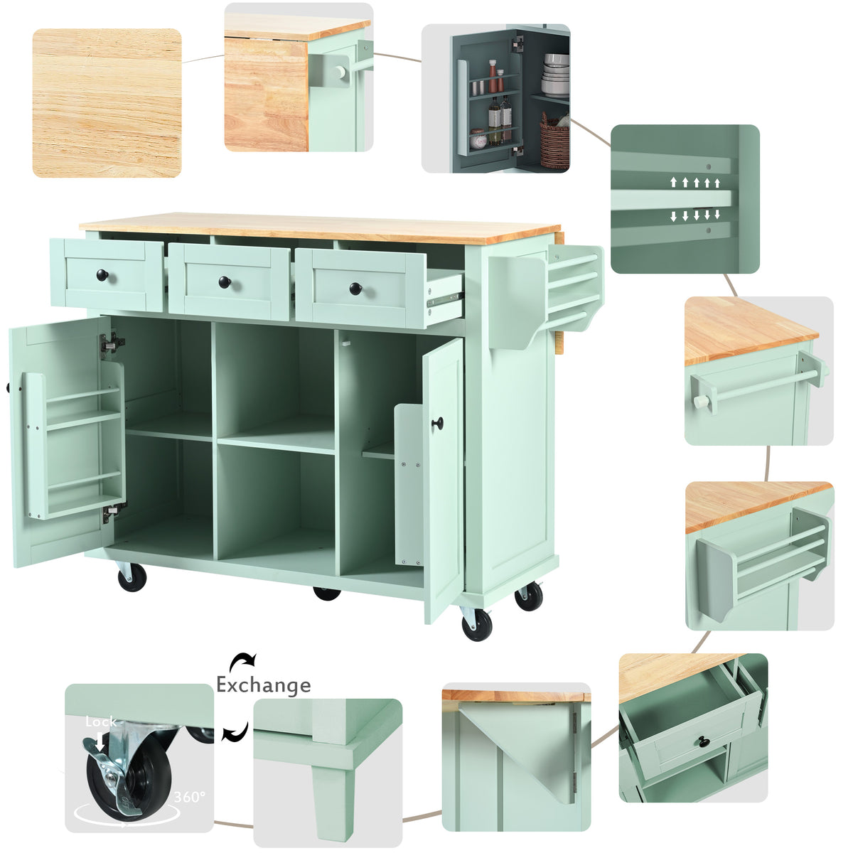 variant-group:rf-n707wf298028aae|Roomfitters Kitchen Cart with Rubber Wood Drop-Leaf Countertop, Cabinet Door Storage Racks, 5-Wheel Kitchen Island with Storage Cabinet & 3 Drawers, Mint Green