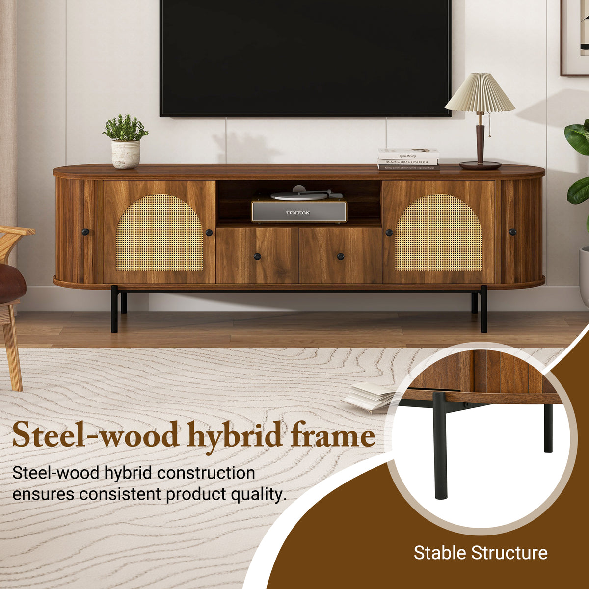 variant-group:rf-n724p437189m|Roomfitters American Style TV Stand with Rattan Arched Doors, Steel Legs, Antique Brown