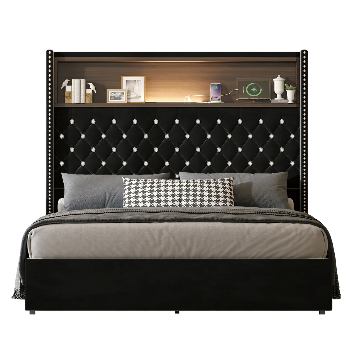 variant-group:rf-n733p368653b|Roomfitters Full Velvet Tufted Platform Bed with Charging Ports, Tall Wingback Headboard with Rivet Trim and Shelf, Black