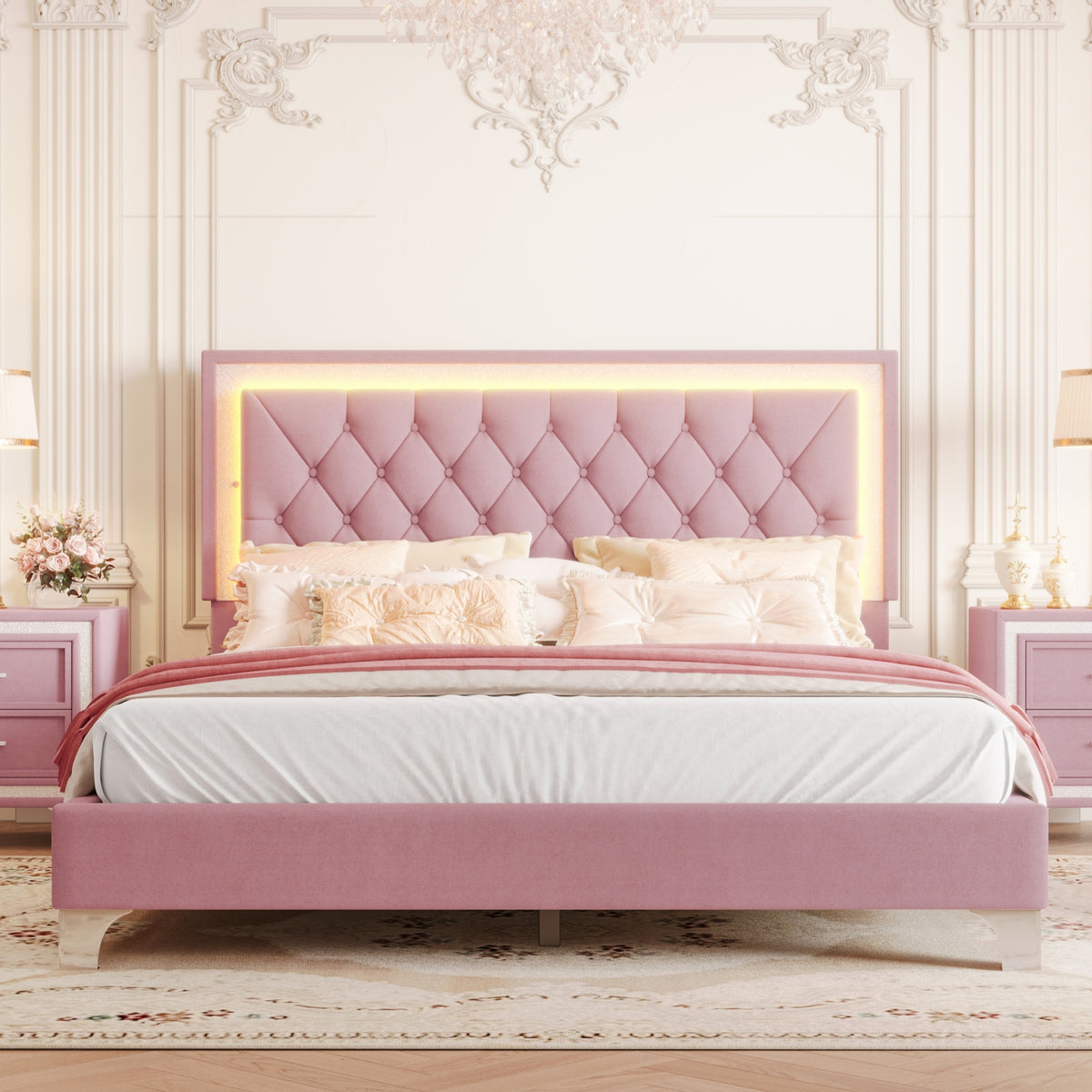 variant-group:rf-n733p183657h|Roomfitters Modern Velvet Queen Platform Bed with Tufted Headboard and Built-In Lighting, Pink