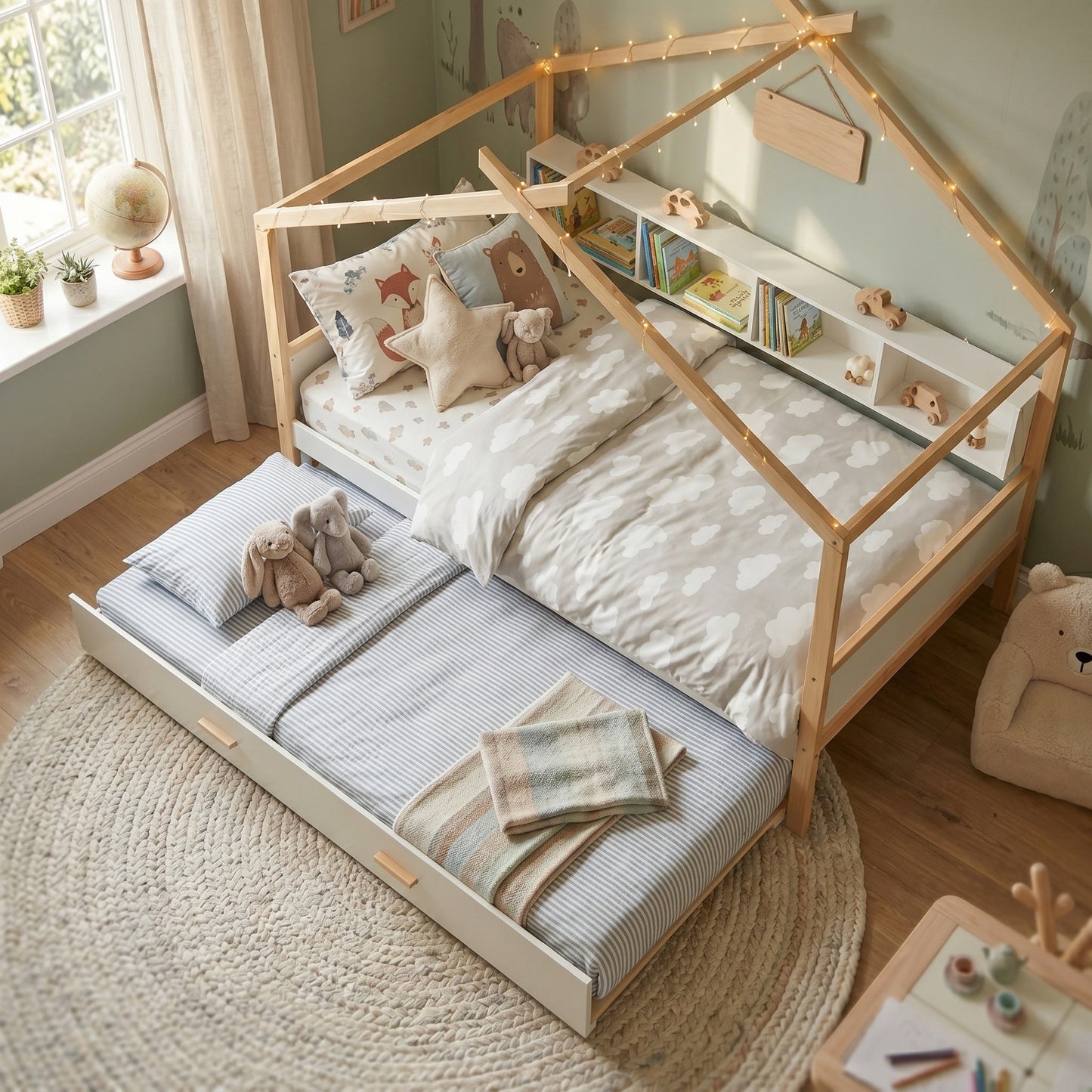 Roomfitters Twin Size Wooden House Bed Frame with Twin Trundle, Bookshelf Storage Furniture, No Box Spring, White Natural Roomfitters