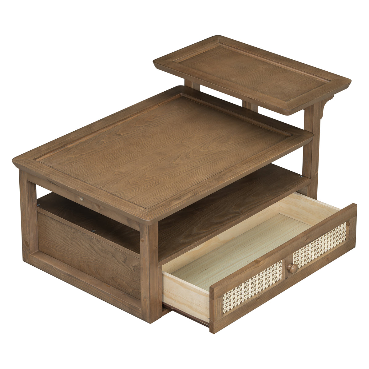 variant-group:rf-n724p232190d|Roomfitters Modern Coffee Table with Open Shelf, Dual Tabletops and Rattan Accent Storage, Walnut