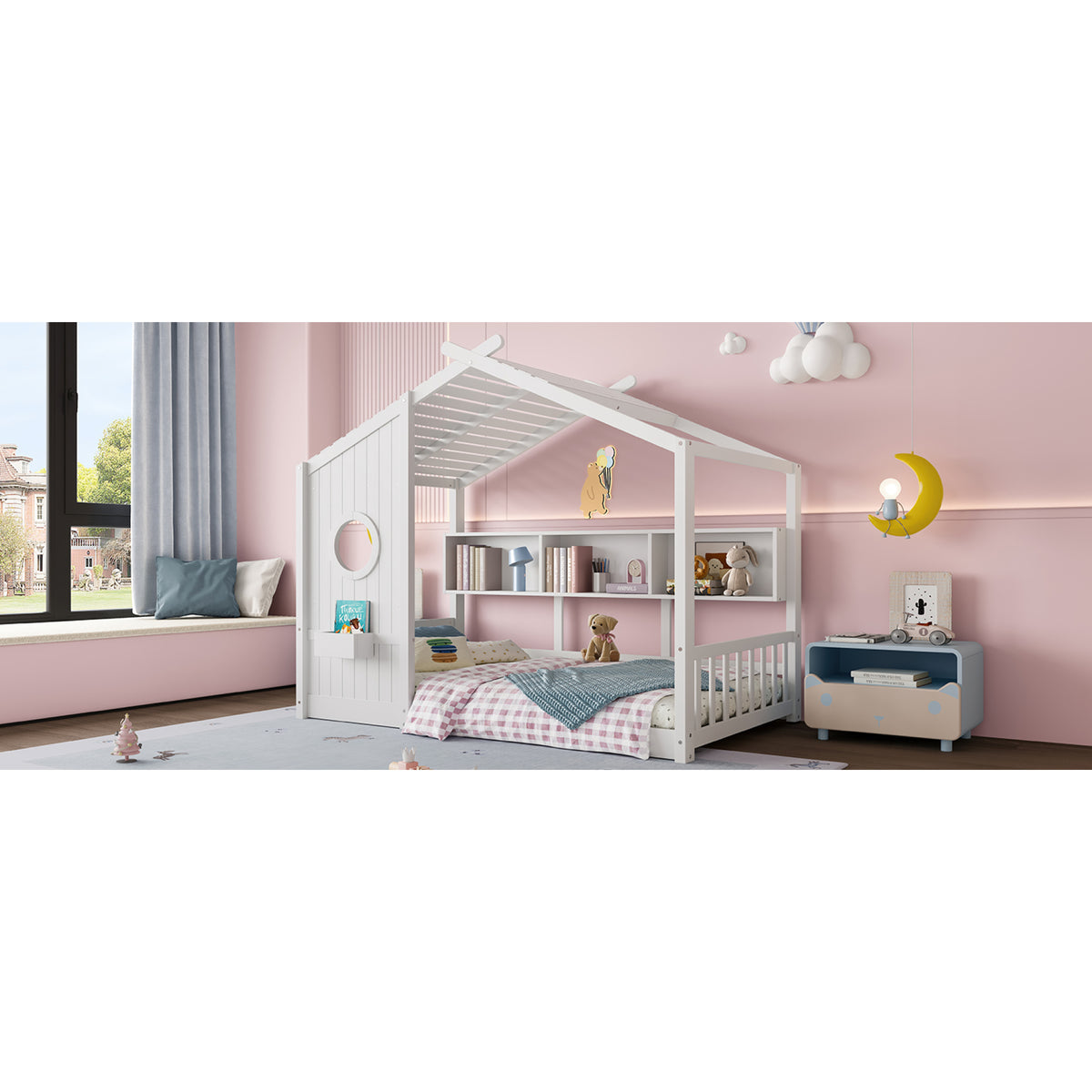 variant-group:rf-n733p335064k|Roomfitters Twin Size Floor House Bed with Storage Shelf and Roof Design, Montessori Playhouse Bed, White