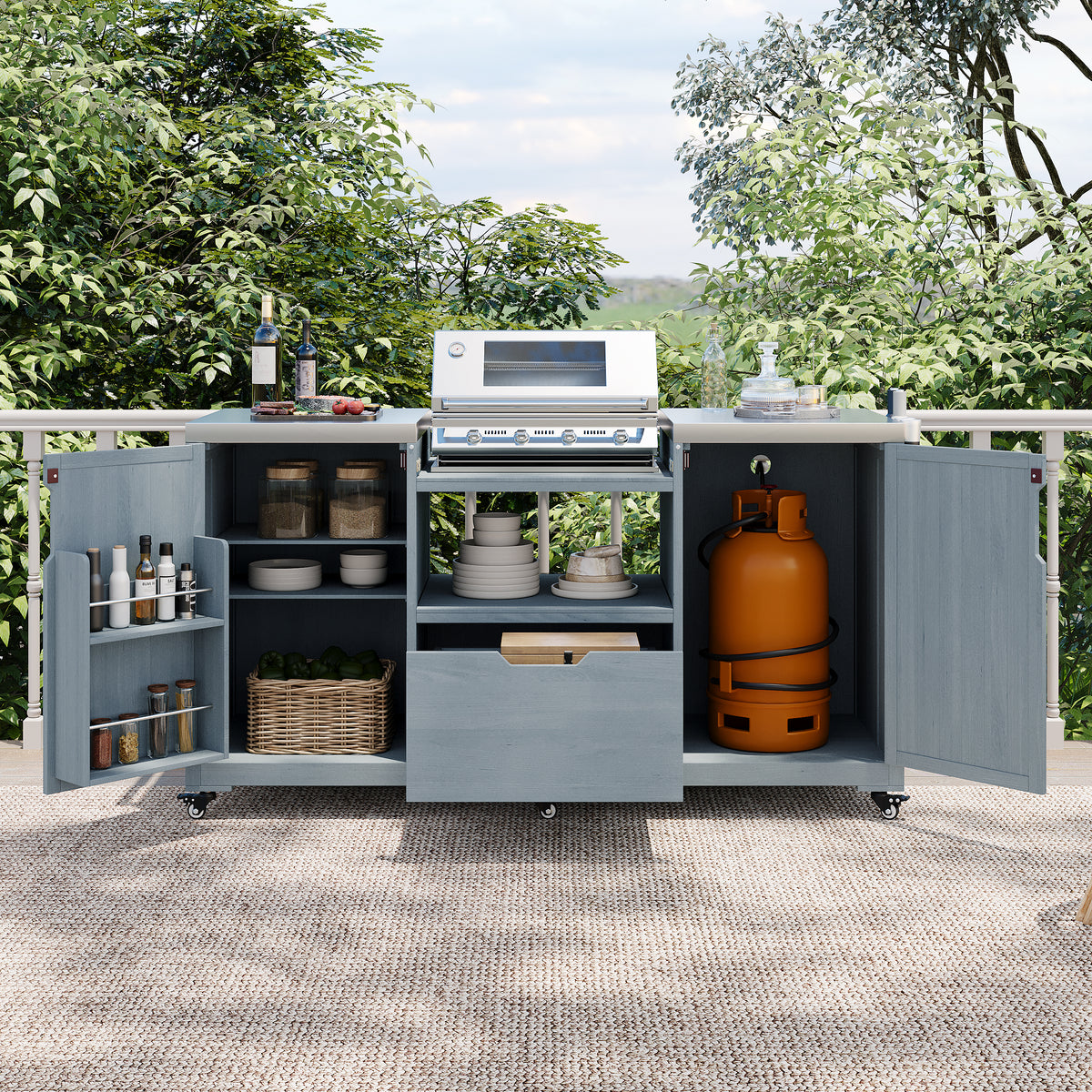 variant-group:rf-n707p250629g|Roomfitters 66.5" Outdoor Kitchen Island for Big Kamado Grills, Wood Grill Cart with Stainless Steel Top, Storage, Grey Blue