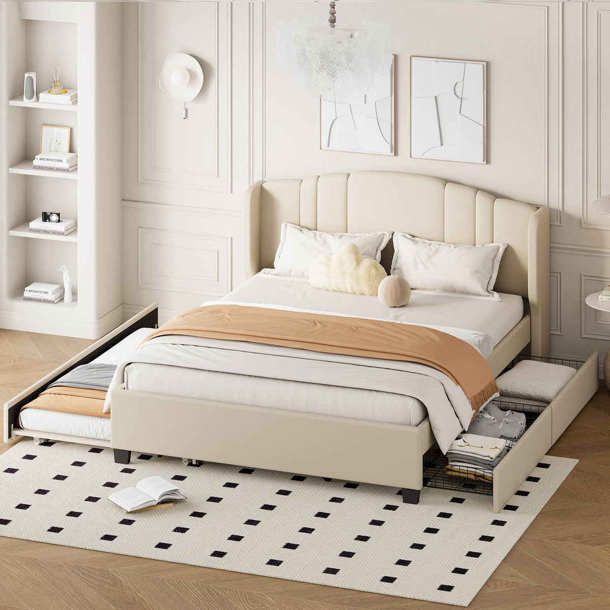 variant-group:rf-n733s208132a|Roomfitters Twin Size Trundle Upholstered Platform Bed with Wingback Headboard and 2 Drawers, No Box Spring Needed, Linen Fabric, Queen Size, Beige