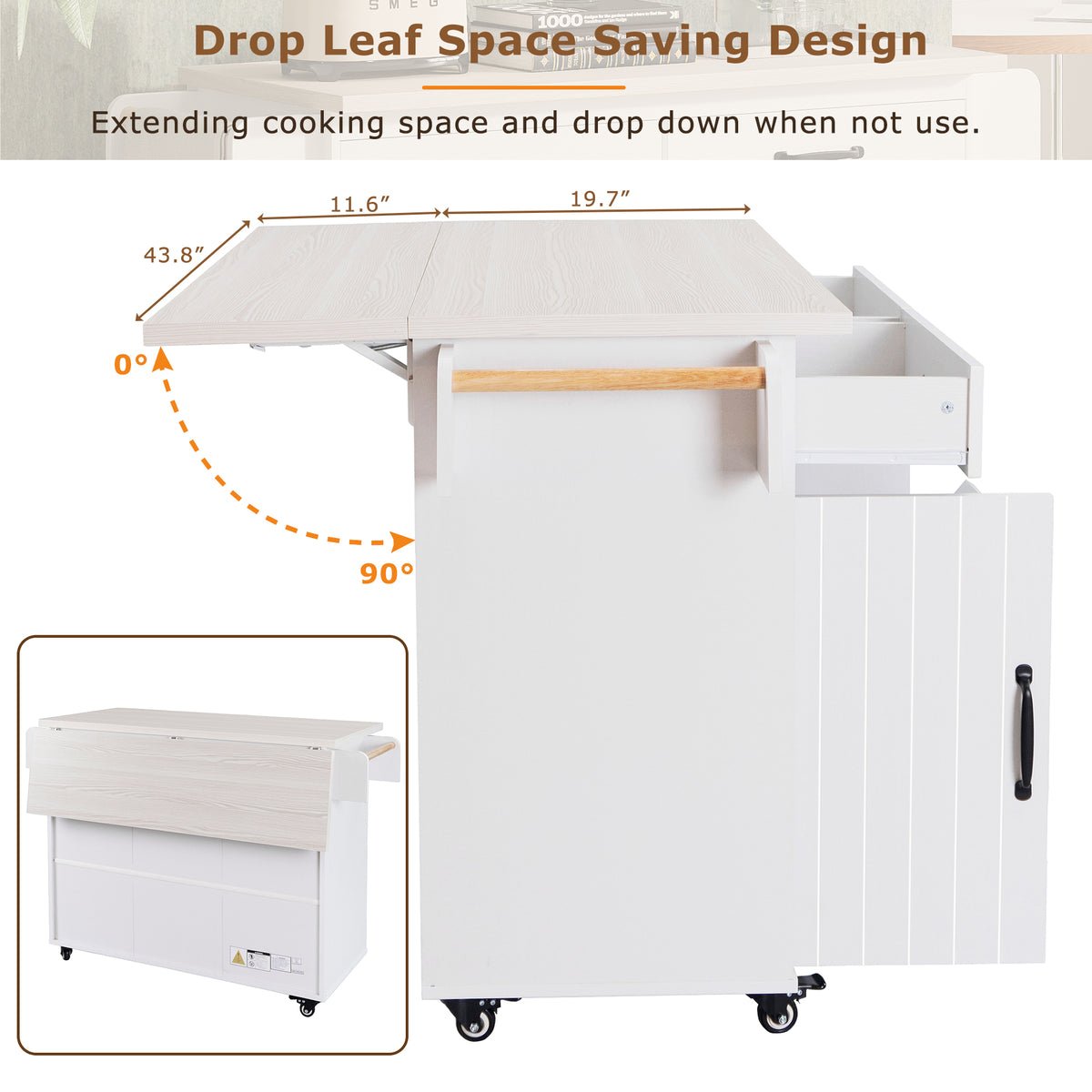 variant-group:rf-n707wf326381aaw|Roomfitters Kitchen Island with Trash Can Storage Cabinet, Grey - Drop Leaf, Spice Rack, Towel Rack, Drawer, Adjustable Shelf, Rolling Island on Wheels, Ameican White Oak