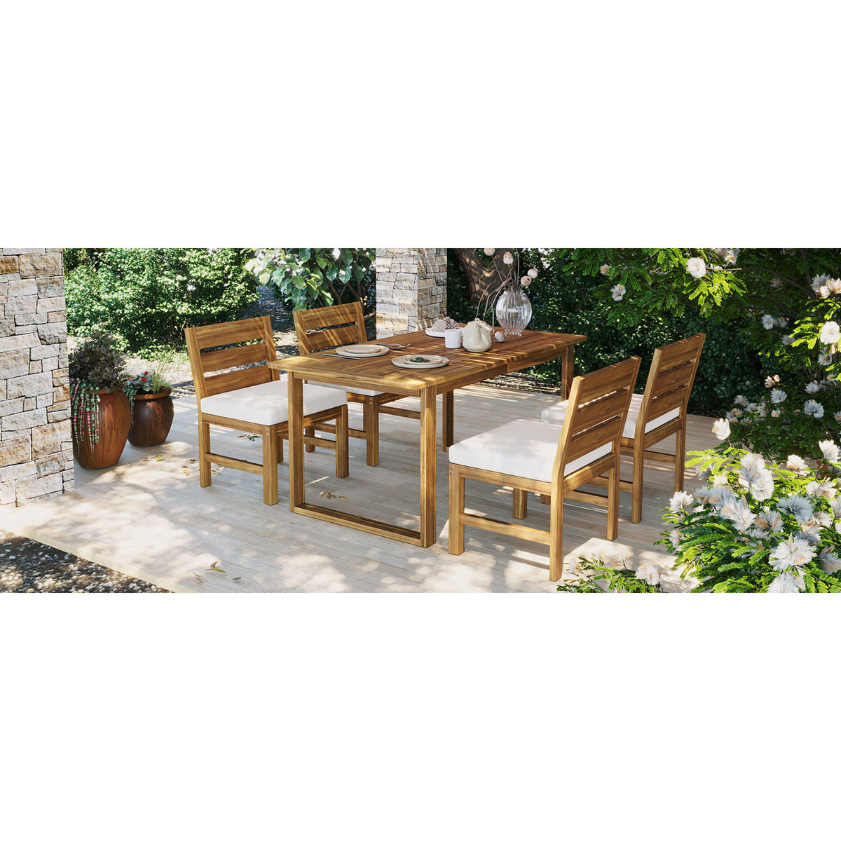 variant-group:rf-n711wy000497aaa|Roomfitters Farmhouse 5-Piece Outdoor Dining Set for 4, Acacia Wood Table and Chair Pack, Beige and Natural Slatted