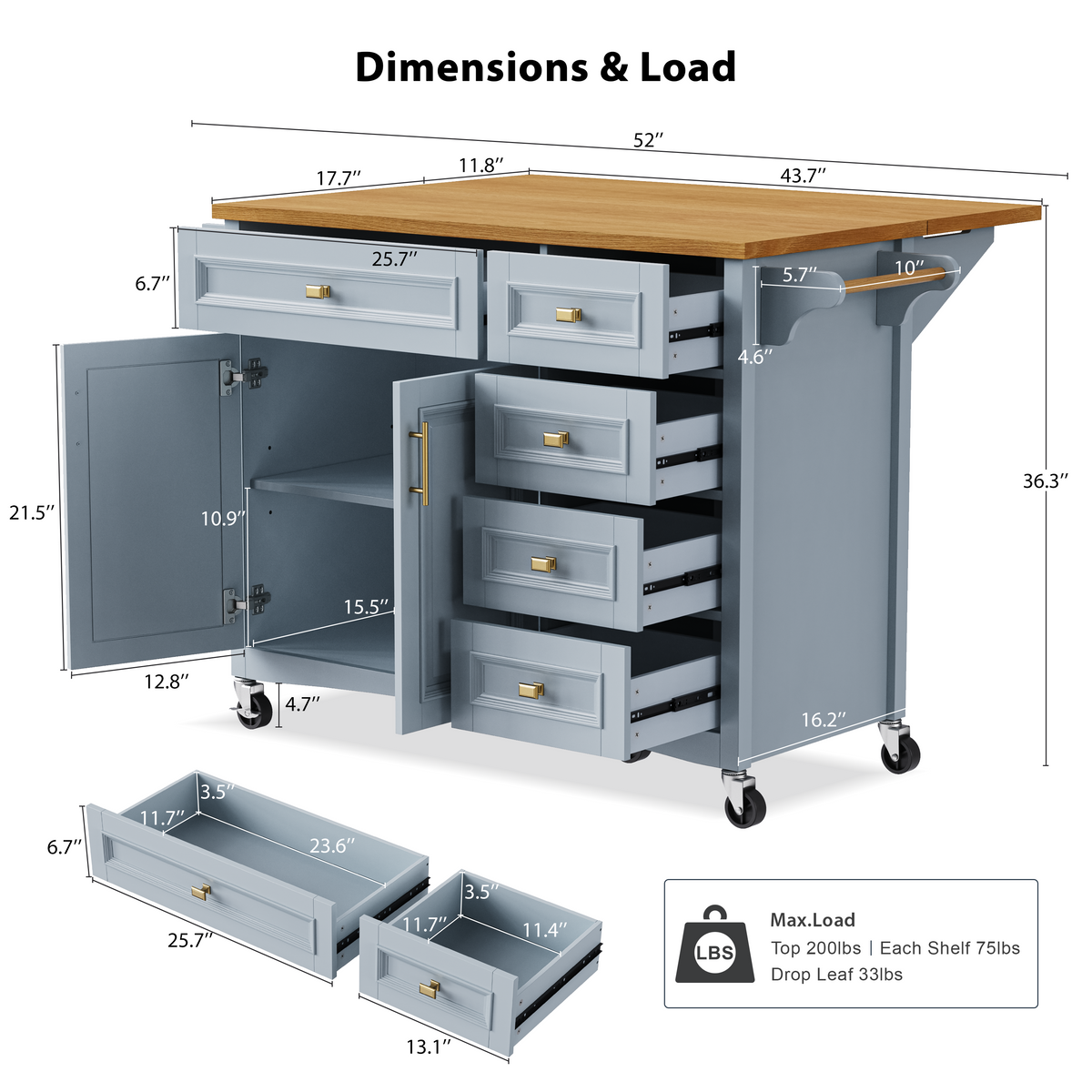 variant-group:rf-n707p195393g|Roomfitters 52" Kitchen Island with Drop Leaf, Rolling Kitchen Cart with Storage Cabinet, Spice Rack, Towel Rack, Adjustable Shelf, Blue Grey