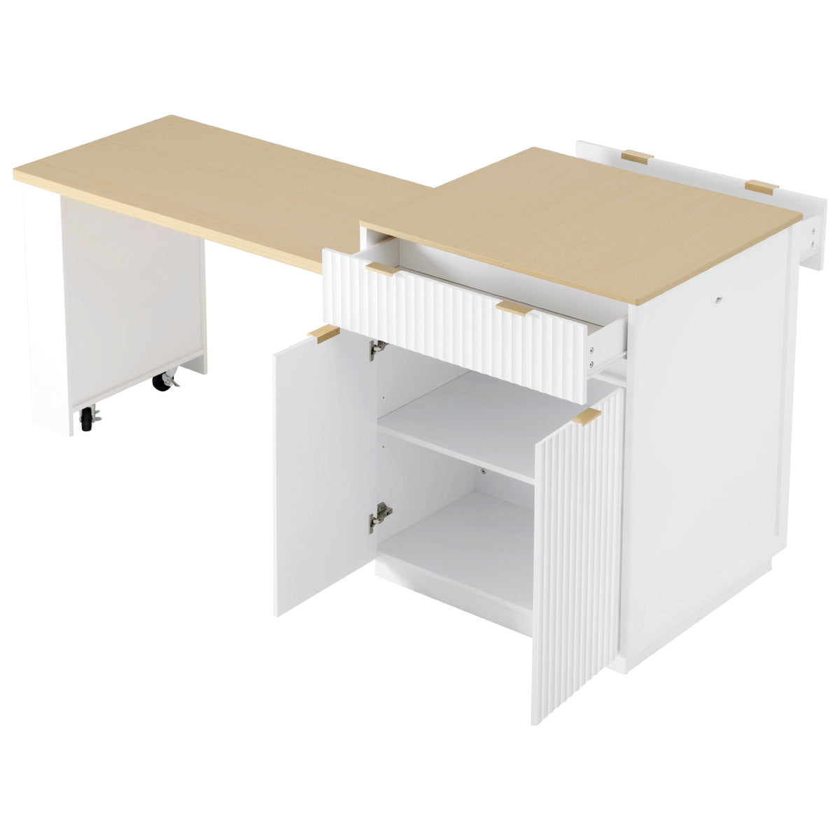 variant-group:rf-n707s000018w|Roomfitters 82.6" Fluted Kitchen Island with 51" Extendable Dining Table for 4-6, Power Outlet, White