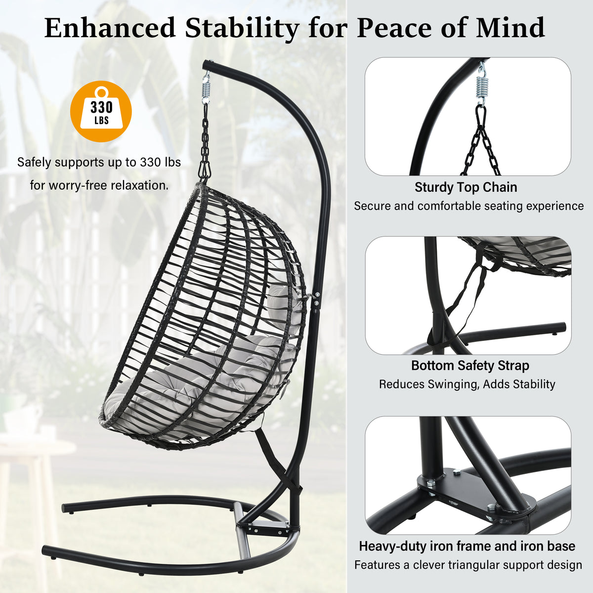 variant-group:rf-n711p389503e|Roomfitters Single Person Folding Egg Chair with Stand, UV Resistant Wicker Rattan Swing for Patio, Garden, Black+ Gray