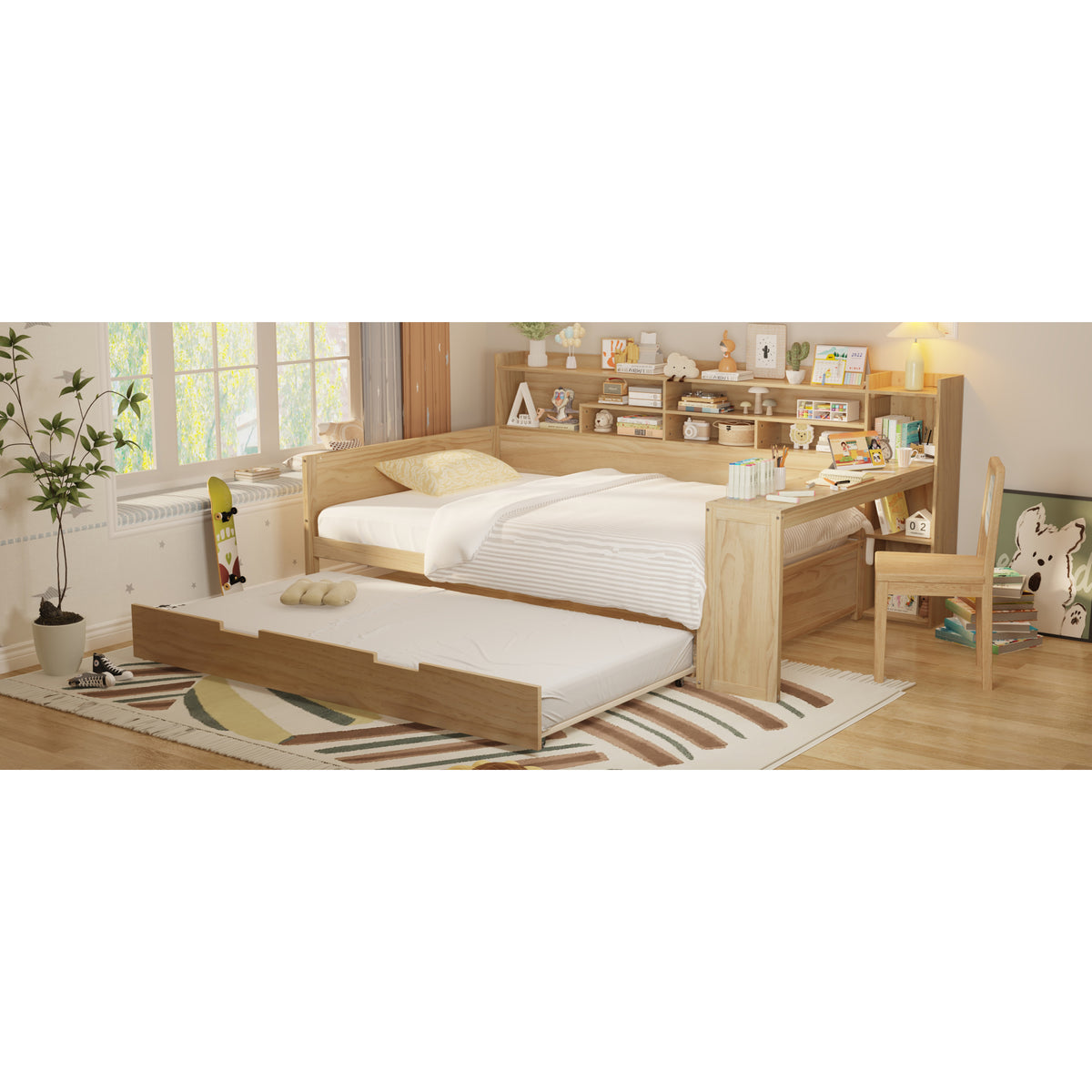 variant-group:rf-n733s373391m|Roomfitters Full Daybed with Twin Trundle, Storage Shelves and Desk, Wooden Multi-Functional Bed, Natural