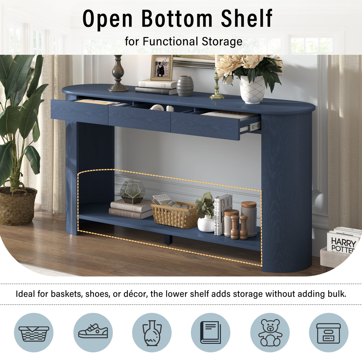 variant-group:rf-n711p395523c|Roomfitters Modern Farmhouse Navy Blue Oak Veneer Semi-Circular Console Table with 3 Drawers and Open Bottom Storage Shelf