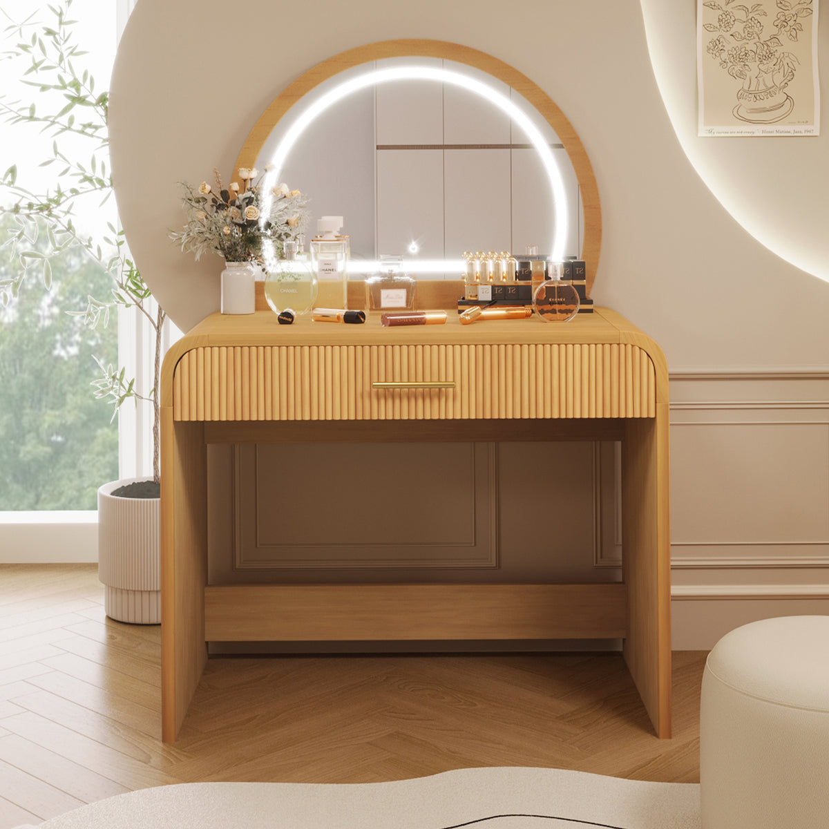 variant-group:rf-n704p196658n|Roomfitters 39-Inch Makeup Vanity Table with Touch Screen Lighted Mirror, Dressing Table with Drawer for Bedroom, Natural